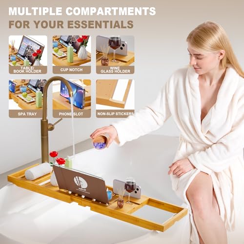 Premium Bathtub Tray Caddy, Expandable Bath Tray | Unique House Warming Gifts,Bamboo-New - color: Bamboo-new