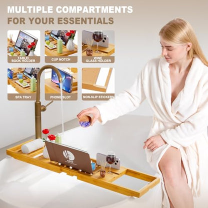 Premium Bathtub Tray Caddy, Expandable Bath Tray | Unique House Warming Gifts,Bamboo-New - color: Bamboo-new