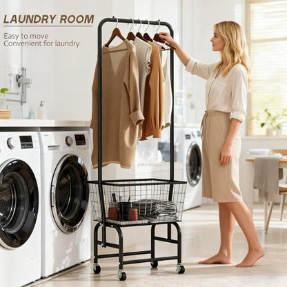 ALIMORDEN Rolling Laundry Cart with Hanging Rack & Metal Basket, Black | 360° Lockable Casters, Wire Laundry Basket Cart, Hanging Rack, Powder Coated Frame for Laundry Room & Bedroom Storage - color: Black