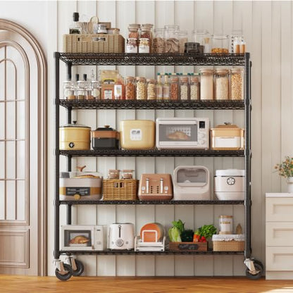 Garvee Storage Shelves, 5-Tier Metal Shelving Units with Wheels, 73" H x 59" W x 17.1" D, 3300 LBS Heavy Duty Wire Shelving Rolling Rack for Garage Kitchen Home Basement, Adjustable, Black | 76.8"Hx59"Wx17.7"D, Adjustable, Heavy Duty, Wire Shelving Rack,