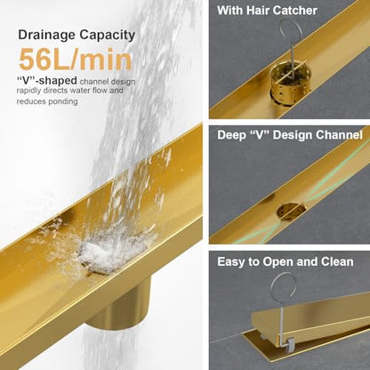 Linear Shower Drain - 18 Inch Brushed Gold, with Tile Insert Panels | AISI 304 Stainless Steel Shower Drain with Adjustable Feet, Hair Catcher, Rectangle Shower Floor Drain Fits Bathroom, Balcony - color: Brushed Gold, size: 18 Inch