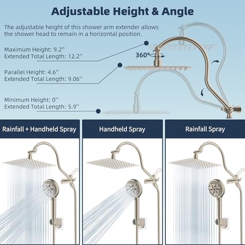 Hibbent All Metal CUPC Certified Shower Head, 8'' High Pressure Rainfall Shower Head, Handheld Showerhead Combo, 12'' Adjustable Extension Arm, 10 Sprays, 71'' Hose, Showerhead Holder, Brushed Nickel - color: Brushed Nickel, style: Square 8''