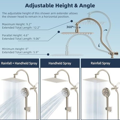 Hibbent All Metal CUPC Certified Shower Head, 8'' High Pressure Rainfall Shower Head, Handheld Showerhead Combo, 12'' Adjustable Extension Arm, 10 Sprays, 71'' Hose, Showerhead Holder, Brushed Nickel - color: Brushed Nickel, style: Square 8''