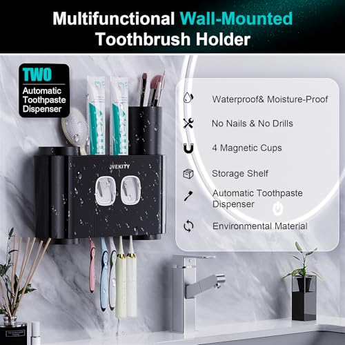 Toothbrush Holder,Multi-Functional Wall Mounted Toothbrush Holder,Toothpaste Dispenser for Bathroom with 2 Toothpaste Squeezers,5 Toothbrush Slots and 4 Cups(Black) - color: Black