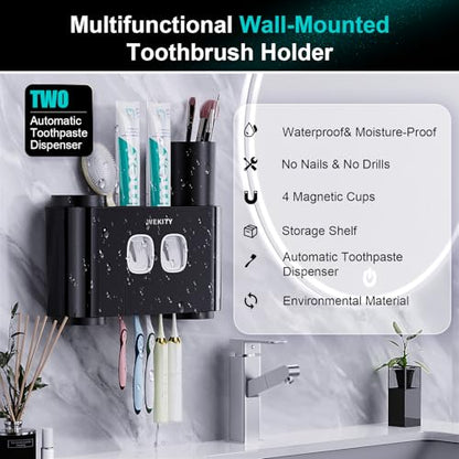 Toothbrush Holder,Multi-Functional Wall Mounted Toothbrush Holder,Toothpaste Dispenser for Bathroom with 2 Toothpaste Squeezers,5 Toothbrush Slots and 4 Cups(Black) - color: Black
