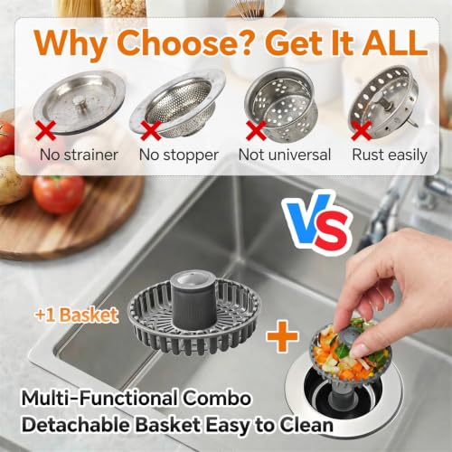 Solid Brass Body 3-in-1 Kitchen Sink Drain Strainer & Stopper, Heavy Duty Pop Up Plug Assembly with 2 Baskets, Anti-Clog Replacement for US Standard 3-1/2 Inch Drains, Rust-Proof Silver - color: Silver