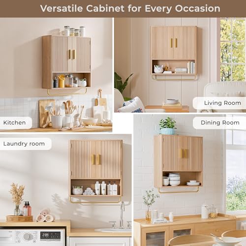 Bathroom Wall Cabinet, Medicine Cabinet with Fluted Door & Adjustable Shelf | Over The Toilet Storage Cabinet with Towel Bar, Space-Saving Cabinet Wall Mount for Laundry Room, Kitchen, Living Room - color: Natural Oak