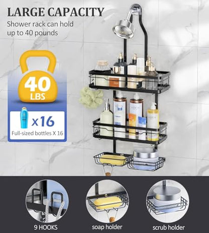OMAIRA Shower Caddy Hanging Over the Shower Head - Rustproof Shower Organizer Hanging with Soap Scrub Holder, Non-Slip Stainless Steel Bathroom Storage Rack & Shelves, No Drilling, Black - color: Black