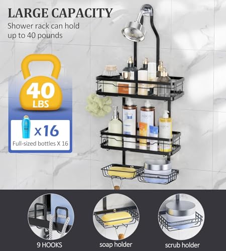 OMAIRA Shower Caddy Hanging Over the Shower Head - Rustproof Shower Organizer Hanging with Soap Scrub Holder, Non-Slip Stainless Steel Bathroom Storage Rack & Shelves, No Drilling, Black - color: Black