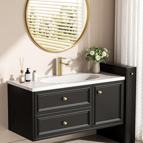 FORIOUS Brushed Gold Bathroom Faucet Single Hole, Gold Waterfall Faucet | 1 Hole Waterfall Bathroom Faucet Gold, Single Handle Gold Vanity Faucet for Bthroom Sink One Hole with Deck Plate and Drain - color: Brushed Gold