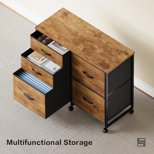 YeTom Lateral File Cabinet with 5 Drawers Rolling Filing Cabinets Under Desk Storage Printer Stand with Wheels,Mobile File Cabinet for Home Office,Rustic Brown - color: Rustic Brown2