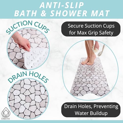 ENKOSI Non-Slip Bath & Shower Mat 40x16 Extra Long, Suction & Drain Holes | Pebble spa look; Durable PVC; 40x16 in, Pebble - color: Pebble