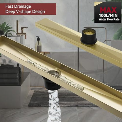 Linear Shower Drain, 24 inch Brushed Gold | Including Hair Catcher and Removable Grate, 304 Stainless Steel, Easy to Install and Clean (Drain Base Not Included) - color: Brushed Gold, size: 24 inch