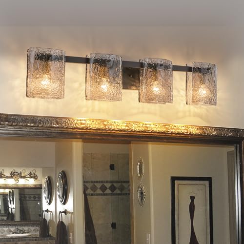 EDISLIVE Vintage Bathroom Vanity Light Black 4-Light Bath Wall Light Fixture with Ripple Block Shades Glass 32.9" E12 Antique Wall Sconce for Bedroom Hallway Living Room Vanity Mirror - color: Black, size: 4 Light