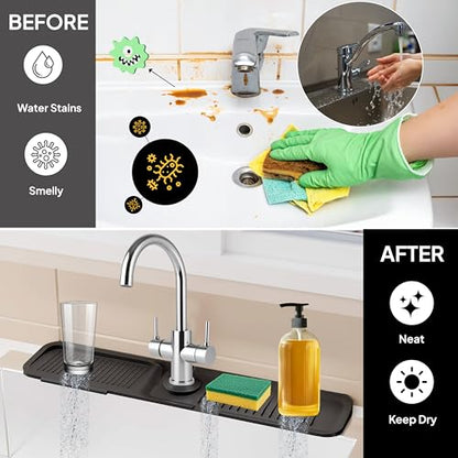 Faucet Mat for Kitchen Sink, 24 Inch Silicone Sink Splash Guard, Extra Long Faucet Drip Catcher Tray, Fast Drying Sink Drying Mat, Countertop Water Protector for Kitchen & Bathroom Sink, Black