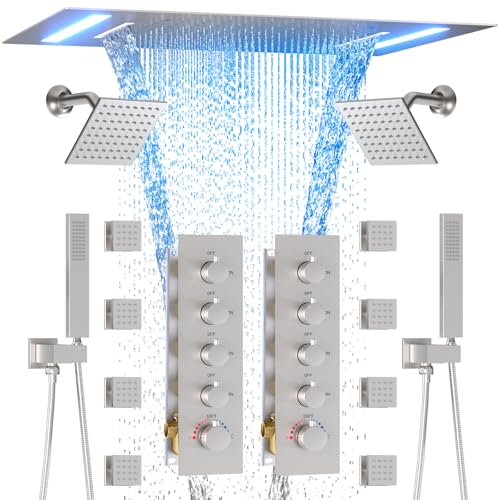 HOMEDEC Couples Luxury Shower System, LED 14x20" and 6" Side Shower Heads, 4-Way Diverter Valves Multi-Function Shower Faucet Set, Brushed Nickel - color: Brushed Nickel