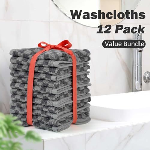 Super Soft Wash Cloths(Grey Checkered), 12 Pack Washcloths Facecloth | Cotton Face Towels Set for Body Showering 13x13 Inches, Gifts - color: Grey
