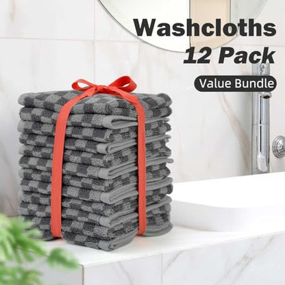 Super Soft Wash Cloths(Grey Checkered), 12 Pack Washcloths Facecloth | Cotton Face Towels Set for Body Showering 13x13 Inches, Gifts - color: Grey