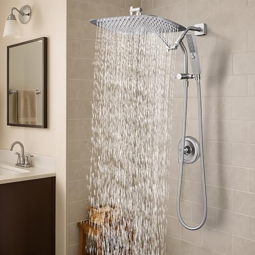 G-Promise 16 Inch All Metal Rain Shower Head with Handheld (Brushed Nickel) | Suits Every Height, Pause Mode Diverter, Massage Mode Handheld, Full Body Coverage, Easy to Install, Modern Bath Upgrade - color: Brushed Nickel, size: 16 Inch