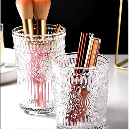 Glass Toothbrush Holders for Bathrooms, 10 oz Clear Tooth Brushing Dispenser, Small Tooth Brush Organizer for Vanity Countertop, Toothpaste Storage Stand, Tumbler Cup for Makeup Brushes