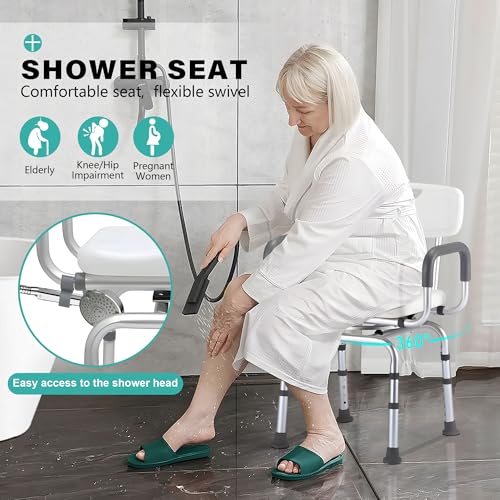 PETKABOO 360 Degree Shower Chair Swivel,Portable Seat with Armrests and Back, Adjustable Height Seat for Bathtub (White1)