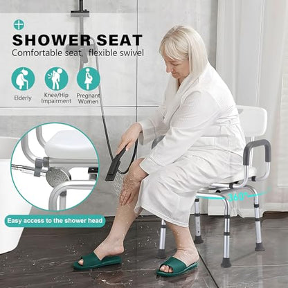 PETKABOO 360 Degree Shower Chair Swivel,Portable Seat with Armrests and Back, Adjustable Height Seat for Bathtub (White1)