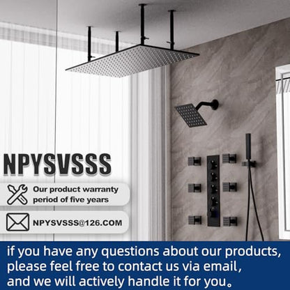 Dual Shower Heads System 16"x32" Ceiling Mount Rainfall and 6" Wall Mounted Shower Heads with 6 body Jets Thermostatic Shower Valve Full Body Shower System,Matte Black - color: Matte Black