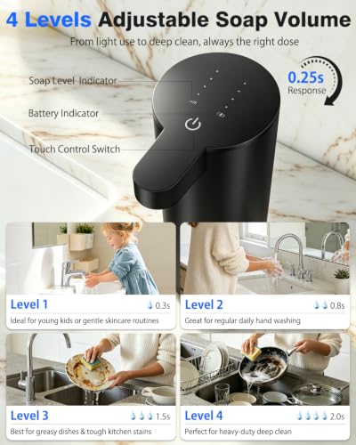 Touchless Automatic Liquid Soap Dispenser, Stainless Steel, Rechargeable | 4 Levels Adjustable, No Clog,13.5oz Capacity,IPX5 Waterproof, Wall Mount, For Hand & Dish Soap, Bathroom Kitchen Hotel Use - color: Black