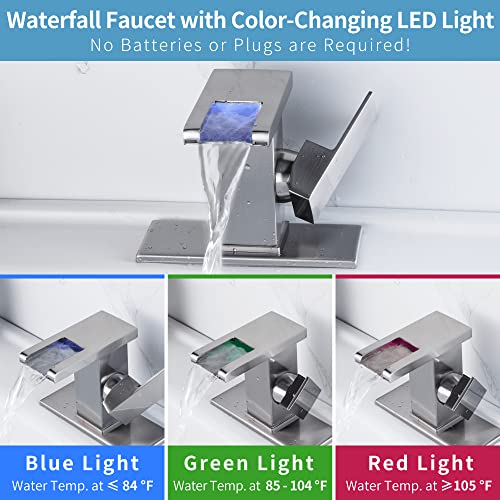 Waterfall Bathroom Faucet, LED Faucet Waterfall, Brushed Nickel Single Hole Bathroom Faucet, Waterfall Bathroom Sink Faucet, Bathroom Faucet with LED Light - color: Brushed Nickel