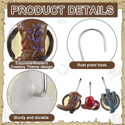 Roowest 12 Pcs Western Cowboy Shower Curtain Hooks Western Shower Curtain Hooks Stainless Steel Rust Resistant Rings Hangers for Winter Farmhouse Rustic Bathroom Decor - style: Western Cowboy