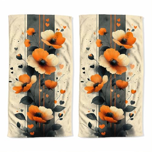 Flower Bath Hand Towel Set of 2 Orange Poppie with Heart Design Abstract Absorbent Hand Towels Decorative Fingertip Towels for Farmhouse Gym Kitchen Hotel Yoga Gifts 14x28 inch - color: Flower Poppie