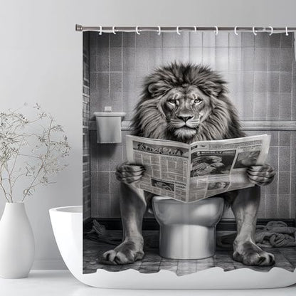 Funny Lion Small Stall Shower Curtain 36 x 72, Funcy Humor Leo Animal on Toilet Narrow Half Size Shower Curtains Set, Black and White Shower Curtains, Large Cat Bathroom Window Curtain with Hooks - color: White Black, size: 36"W x 72"L (Pack of 1)