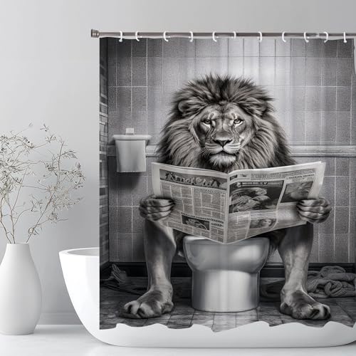Funny Lion Small Stall Shower Curtain 36 x 72, Funcy Humor Leo Animal on Toilet Narrow Half Size Shower Curtains Set, Black and White Shower Curtains, Large Cat Bathroom Window Curtain with Hooks - color: White Black, size: 36"W x 72"L (Pack of 1)