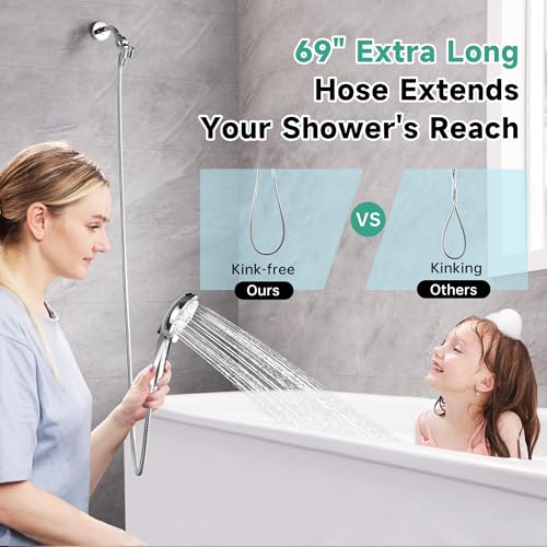 BRIGHT SHOWERS High Pressure Shower Head with Handheld, 9 Spray Settings Showerhead Built in Power Wash to Clean Tub and Pets, Extra Long 69" Hose, Adjustable Bracket, Chrome - color: Chrome, style: 2.5 GPM | 9 Modes