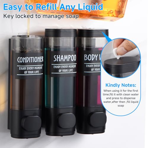 Shampoo and Conditioner Dispenser,GlintGath Shower Dispenser 3 Chamber No Drill Shampoo Dispenser for Shower Wall Mounted Shower Soap Dispenser for Bathroom Hotel,3 * 300ML,Matte Black - color: Black 3 Chamber