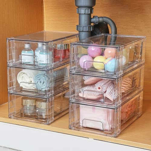 Vtopmart 10 Pack Stackable Clear Drawer with Dividers | Clear Drawer Organizers with Removable Dividers for Flexible storage. Stackable, Non-slip, for Fridge, Under Sink & Bthroom - size: 10Pack 4.4"H-with Dividers