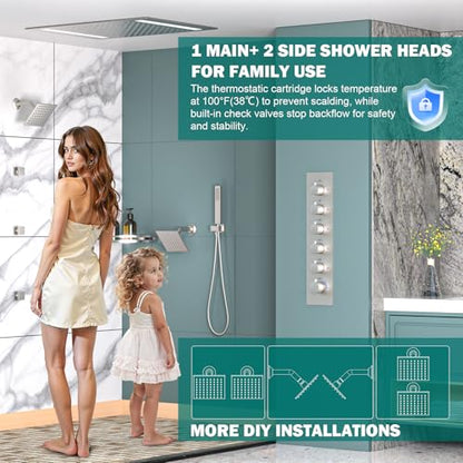 HOMEDEC Multi-Function Shower System with 14x20inch LED and Dual 6inch Shower Heads, 5 Way Valve Ceiling Mount Shower Faucet Set, Brushed Nickel - color: Brushed Nickel, style: 5-Way + 2x 6" Top