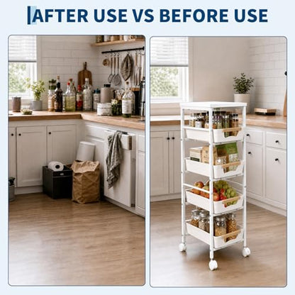 Garvee 5-Tier Slim Rolling Storage Cart, 9.5" Wooden Top Narrow Kitchen Carts on Wheels with Pull-Out Baskets, Mobile Shelving Unit Organizer for Kitchen, Bathroom, Laundry Room, Small Spaces
