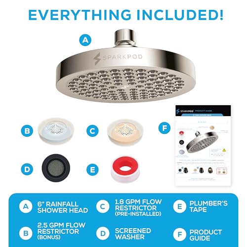 SparkPod Rain Shower Head, 6 Inch Round, Elegant Brushed Nickel Finish | High Pressure Shower Heads, 90 Nozzles, Adjustable Showerhead, No Tools Needed, Universal Connection - color: Elegant Brushed Nickel, style: 6 Inch Round