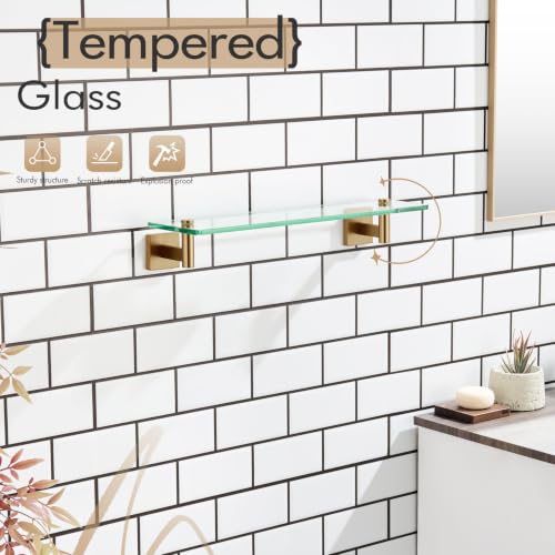 KOKOSIRI Wall Shelves Bathroom Hardware Glass Floating Shelf 20-Inch for Bedroom, Living Room, Kitchen, Hanging Rack Champagne Bronze B1105CPG-L20 - color: Champagne Bronze, size: 20-Inch