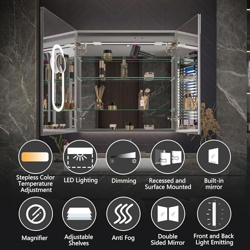 Luxury 36" Wall-Mounted LED Bathroom Medicine Cabinet, Outlets, Anti-Fog | Surface-Mount/Recessed, Double-Sided Mirror Cabinet, 3 Color Temp, DTC Silent-Close Hinges, Adjustable Tempered Glass Shelfs - size: 36"W x 36"H