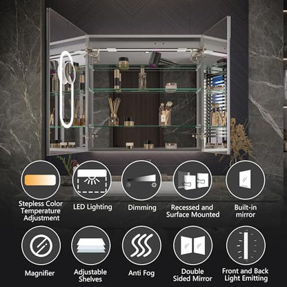 Luxury 36" Wall-Mounted LED Bathroom Medicine Cabinet, Outlets, Anti-Fog | Surface-Mount/Recessed, Double-Sided Mirror Cabinet, 3 Color Temp, DTC Silent-Close Hinges, Adjustable Tempered Glass Shelfs - size: 36"W x 36"H