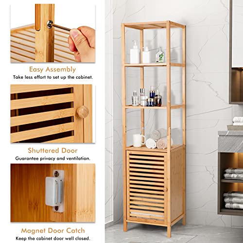 Tall Bamboo Cabinet, Narrow Bathroom Floor Storage Cabinet with 3 Tier Shelves & Shutter Door, Slim Linen Tower Cabinet for Living Room or Kitchen, 15.5 x 14.5 x 65 inches
