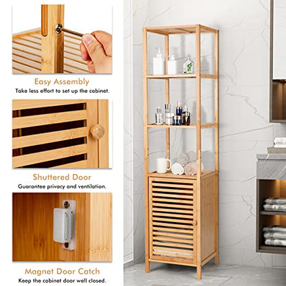 Tall Bamboo Cabinet, Narrow Bathroom Floor Storage Cabinet with 3 Tier Shelves & Shutter Door, Slim Linen Tower Cabinet for Living Room or Kitchen, 15.5 x 14.5 x 65 inches