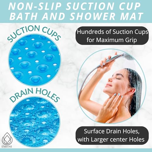 ENKOSI Non-Slip Bath & Shower Mat 40x16 Extra Long, Suction & Drain Holes | Clear Blue look; Durable PVC; 40x16 in, Clear Blue - color: Clear Blue