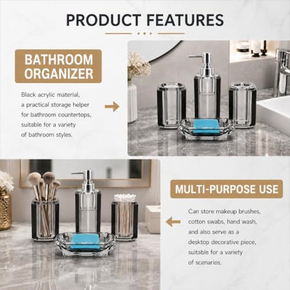 LGURT 4pc Crystal Acrylic Bathroom Set, Brushed Black Soap Dispenser | Soap dish, rinse cup & holder, with brushed black accent. For apartment, guest bath, or vanity countertop. - color: Black