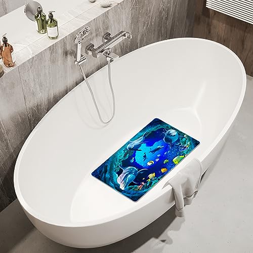 Navy Blue Non Slip Bath Tub Mat Ocean Shower Mat Non-Slip Cute Dolphin Blue Sea Ocean Fish Bathtub Mats with Suction Cups and Drain Holes Bathroom Soft Showermat 15"x27" - color: Dolphin&fish