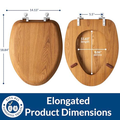 Mayfair Natural Oak Veneer Toilet Seat with Chrome Hinges, Elongated, Wood - size: Elongated