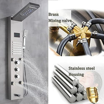 Brushed Nickel LED Rainfall Shower Panel Tower Faucet Massage Suit Body Jets