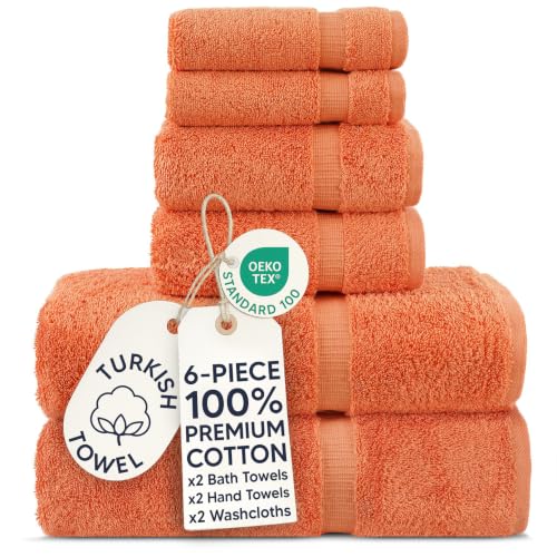 Chakir Turkish Linens 6 Piece Towels Set, 100% Cotton Luxury Turkish Towels for Bathroom, Soft Absorbent Bath Towel Set with 2 Bath Towels 2 Hand Towels 2 Washcloths, Coral - color: Coral